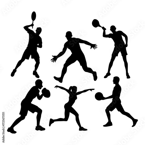Silhouettes of people playing sports with rackets and balls