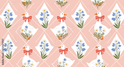 Charming seamless pattern featuring adorable white ducks adorned with coral bows surrounded by delicate bluebells and daisies on a soft pink background