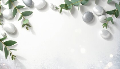 Natural flat lay background with eucalyptus leaves and smooth stones.