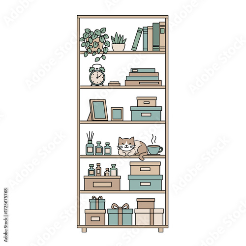 A charming bookshelf filled with books plants decorative items and a playful cat enjoying a cup of tea.