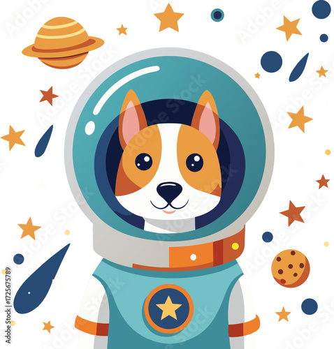 Adorable corgi dog astronaut floating in space amongst stars and planets