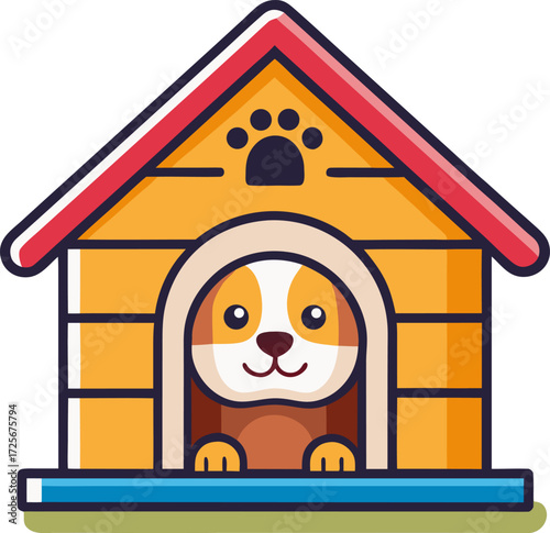 Adorable cartoon dog peeking out of a cozy wooden doghouse with paw print detail