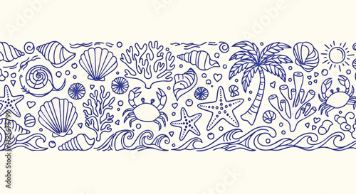 Charming blue line art border showcases playful ocean treasures like starfish, shells, crabs, coral, and a palm tree for a delightful summer beach vibe.