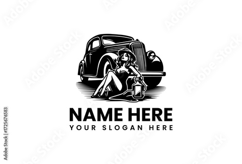 Classic Car with PinUp Girl Holding Lantern in Black and White Illustration.
