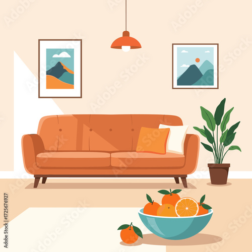 A cozy living room with a vibrant orange couch and a bowl of fresh fruit.