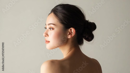 Ethereal Beauty: A captivating portrait showcasing a woman's elegant features in a serene and luminous ambiance. The focus remains on the delicate skin and the graceful curve of the neck and shoulder.
