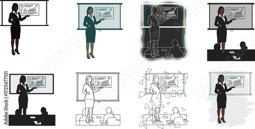 Business presentation illustration, professional woman speaker, chart analysis, corporate training, projection screen, audience, stylized design, workplace concept, meeting