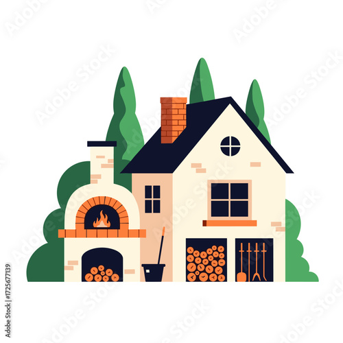 A charming house with an outdoor brick pizza oven and neatly stacked firewood ready for cooking delicious pizzas.