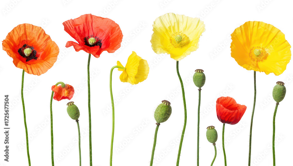 Obraz premium A arrangement of red. yellow. and orange poppy flowers displaying their delicate petals and green stems against a clean white background. perfect for nature-themed projects and designs