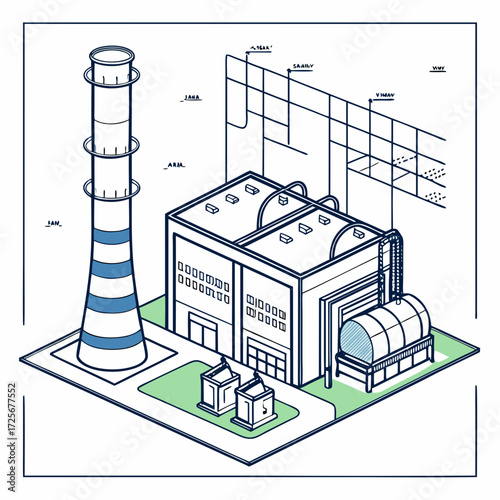 Isometric illustration of a modern industrial facility with a tall smokestack and storage tanks on a green landscape