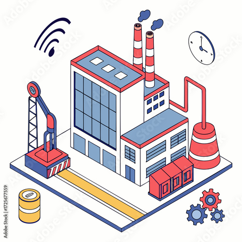 Isometric illustration of a modern smart factory with robotic arm conveyor belt and wi fi signal representing automation and industry 4 0