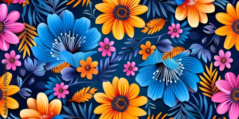 Obraz premium Vibrant floral pattern with colorful tropical flowers