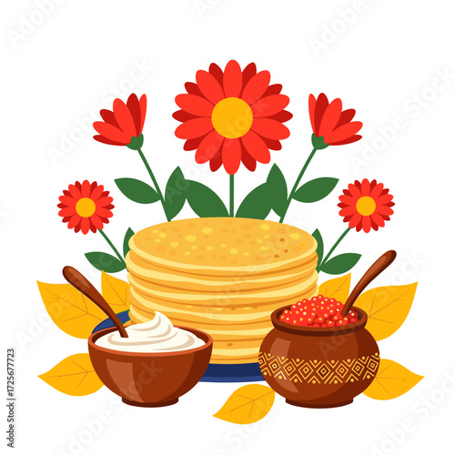 A festive stack of golden pancakes served with sour cream and red caviar decorated with vibrant flowers and autumn leaves.
