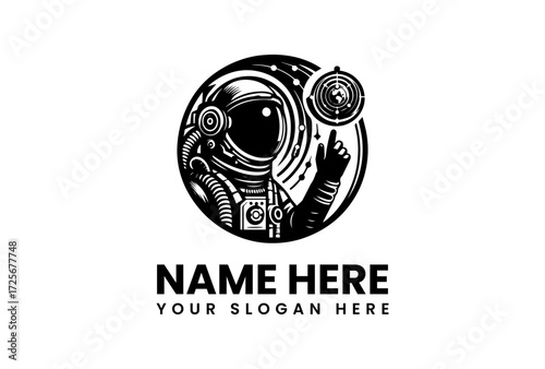 Detailed Black and White Astronaut Pointing at a Cosmic Target.