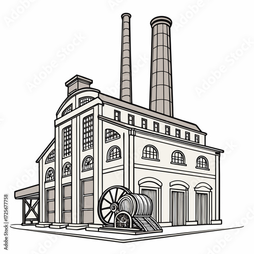 Vintage industrial factory building with tall smokestacks and large wheels in a retro style illustration