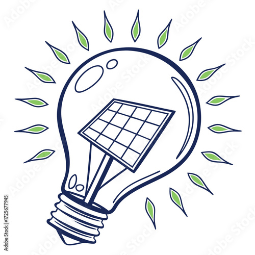 Conceptual illustration of a light bulb containing a solar panel with green leaves radiating outwards symbolizing renewable energy