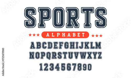 SPORTS Alphabet Typeface Vector Pack Bold Varsity Sports Block Letters A–Z and Numbers 0–9, Vintage sport font in American style for football, baseball, basketball logos and t-shirts, easily editable 