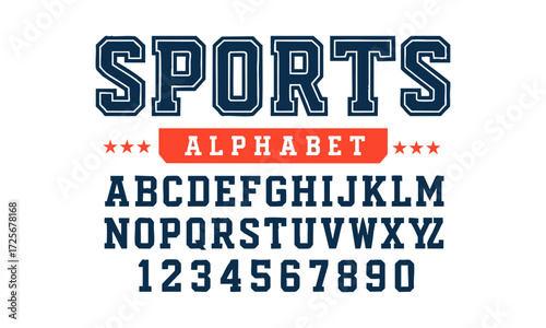 SPORTS Alphabet Typeface Vector Pack Bold Varsity Sports Block Letters A–Z and Numbers 0–9, Vintage sport font in American style for football, baseball, basketball logos and t-shirts, easily editable 