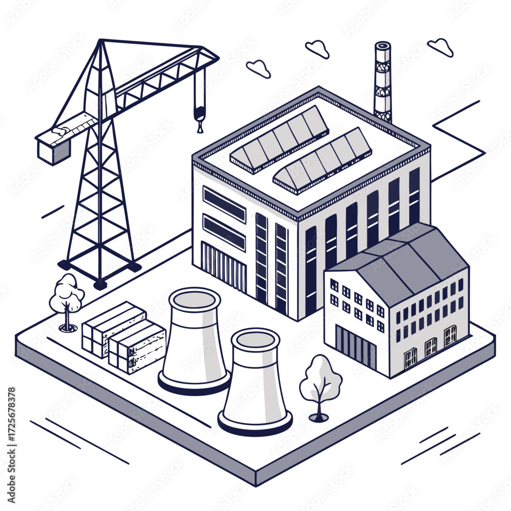 Fototapeta premium Isometric illustration of a factory complex with a crane cooling towers and industrial buildings under a cloudy sky