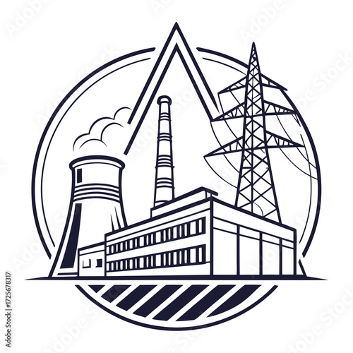 Industrial power plant with cooling tower and transmission tower emitting steam and electricity in a circular emblem