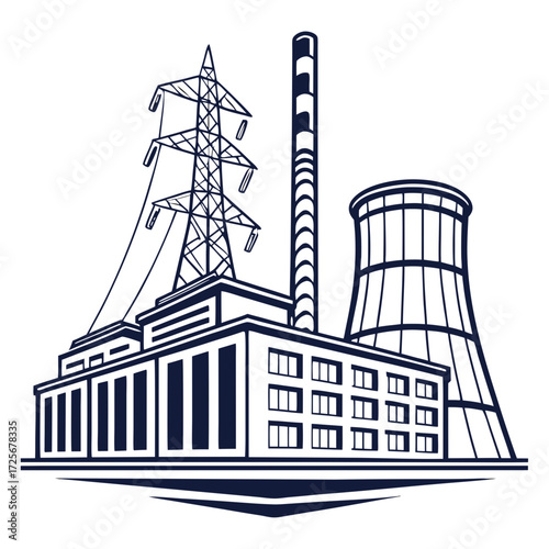 Industrial power plant with cooling tower smokestack and transmission tower against a white background