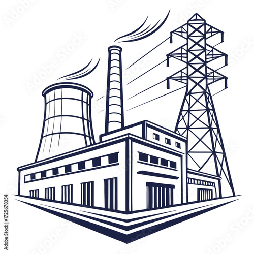 Industrial power plant with cooling tower and smokestack emitting steam next to transmission tower