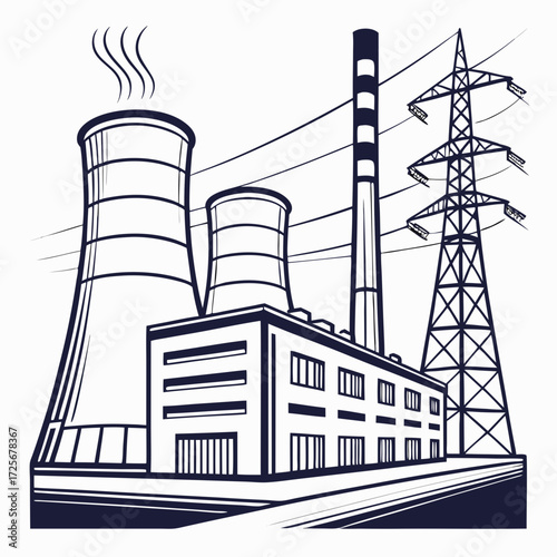 Industrial power plant with cooling towers smokestack and electricity transmission tower against a white background