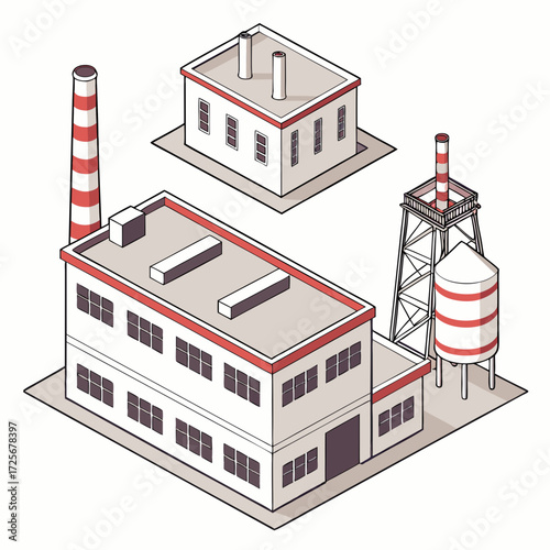 Isometric illustration of a factory complex featuring industrial buildings a tall smokestack and a water tower against a white background