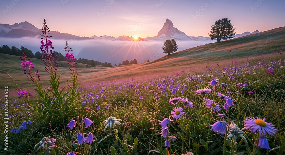 Obraz premium Stunning sunrise over Matterhorn mountain peak with vibrant wildflowers in alpine meadow landscape
