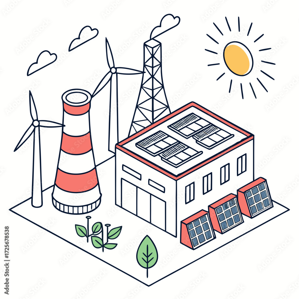 Fototapeta premium Isometric illustration of a sustainable energy factory with wind turbines solar panels and a cooling tower under a sunny sky