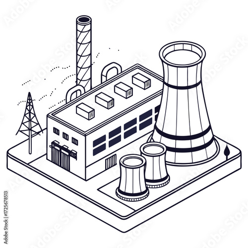 Isometric illustration of a power plant with cooling towers smokestack and transmission tower emitting smoke