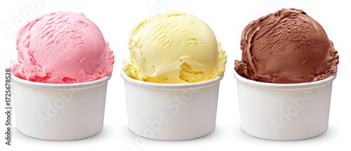 The colorful ice cream scoops in individual cups ready for dessert enjoyment.
