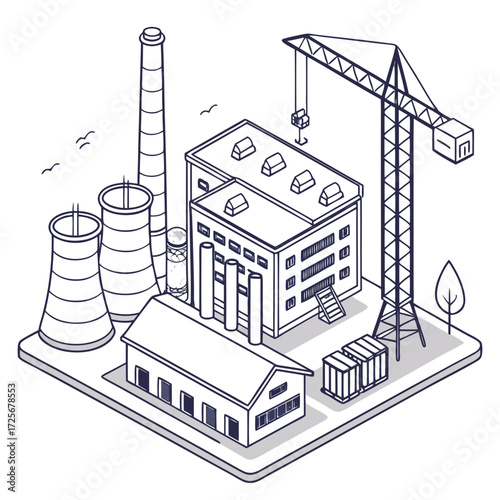Isometric industrial factory complex with cooling towers smokestacks and a construction crane in a clean line art style