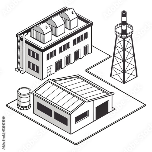 Isometric illustration of industrial factory buildings with a smokestack and water tower on a white background