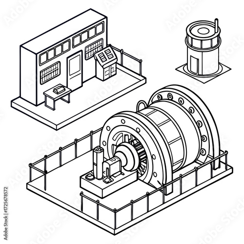 Isometric line drawing of a large industrial turbine generator with a control room and a small tower