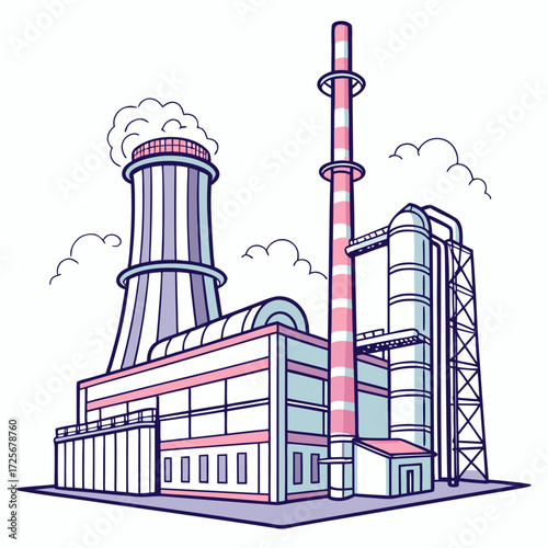 Stylized cartoon illustration of a modern industrial factory with a cooling tower and smokestack emitting steam