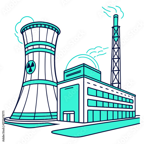 Stylized illustration of a modern nuclear power plant with cooling tower and smokestack emitting steam