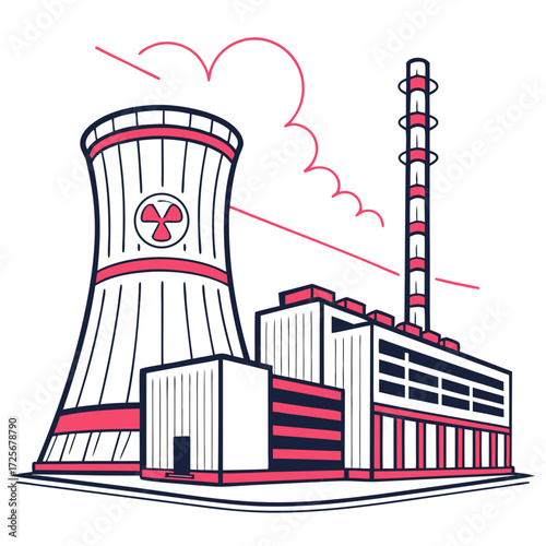 Stylized illustration of a nuclear power plant with a cooling tower and smokestack emitting stylized clouds
