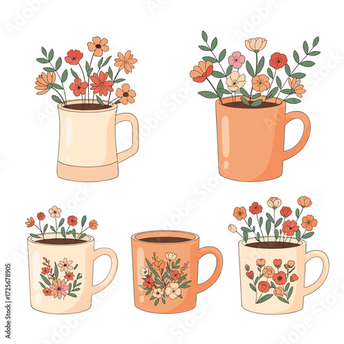 A delightful collection of artistic mugs brimming with charming floral arrangements.
