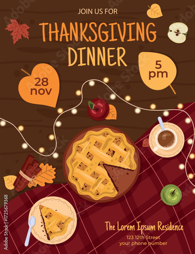 Thanksgiving Dinner Invitation. Cozy Fall Table Setting with Pie and Apples. Overhead View of Homemade Apple Pie, Coffee, Leaves, Lights. Seasonal Fall Baking Illustration. Fall Harvest Dinner Party.