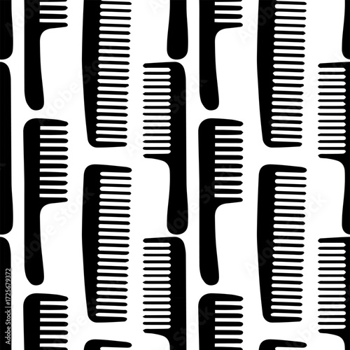 Seamless pattern with hairdressing accessories, hairdryer, curling iron, scissors, combs, hair clips, hair ties. Vector illustration, black and white design, repeating background
