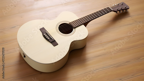 A white acoustic guitar with a black pickguard and bridge, placed on a wooden floor with a light wooden background.