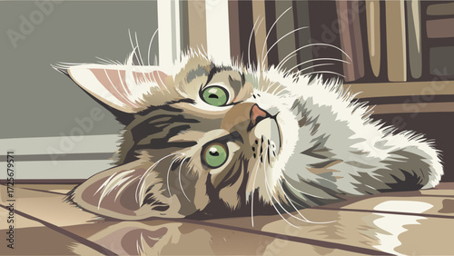 Close up of a fluffy cat with bright green eyes lying down