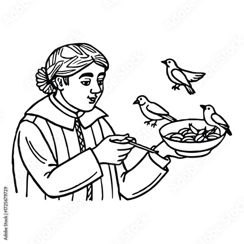 Human feeding birds with tiny spoons
