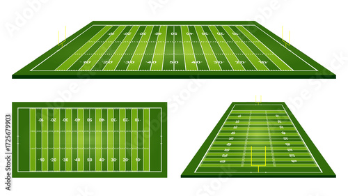 A vibrant illustration showcasing three distinct perspectives of an American football field, perfect for sports-related designs and digital projects.