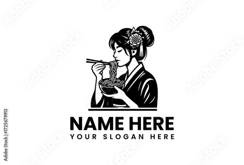 Elegant Geisha in Kimono Enjoys Noodles with Chopsticks Flower Adorned Hair.