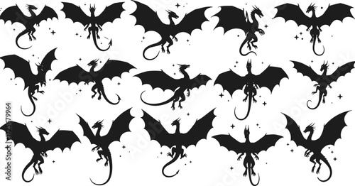 Fantasy flying dragon silhouettes collection, mythical winged creature illustration, black dragon vector artwork, legendary beast design, magical reptile monster graphic set