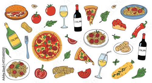 Delicious Italian food collage featuring pizza pasta wine and fresh ingredients for a vibrant culinary celebration
