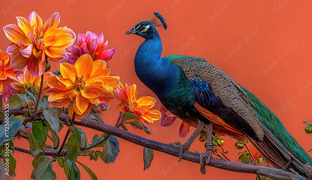 Fototapeta premium A peacock perched gracefully amidst vibrant dahlias against a backdrop of coral-orange.