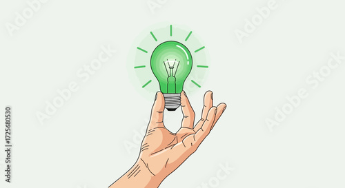 Hand holding green light bulb representing eco friendly ideas and sustainable energy sources with